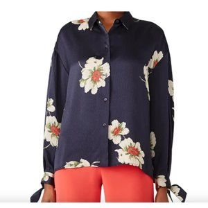 VINCE Gardenia Floral-Print Tie-Sleeve Silk Blouse